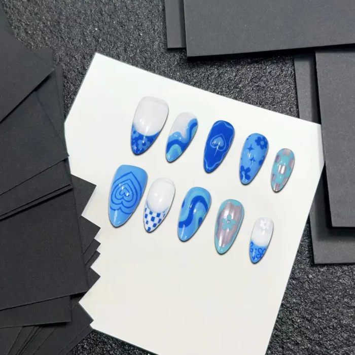 Clivia Blue Graffiti Hand-Painted Press-On Nails - Image 6