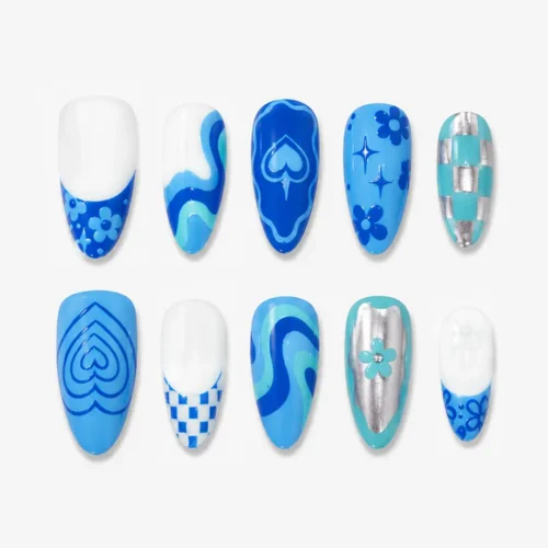 Clivia Blue Graffiti Hand-Painted Press-On Nails