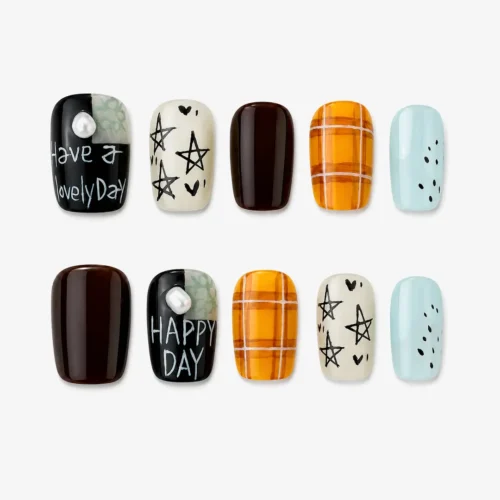 Clivia Autumn Doodle Plaid Press-On Nails