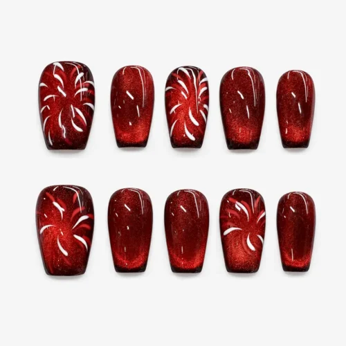 Clivia Romantic Fireworks Cat Eye Nails_red press on nails