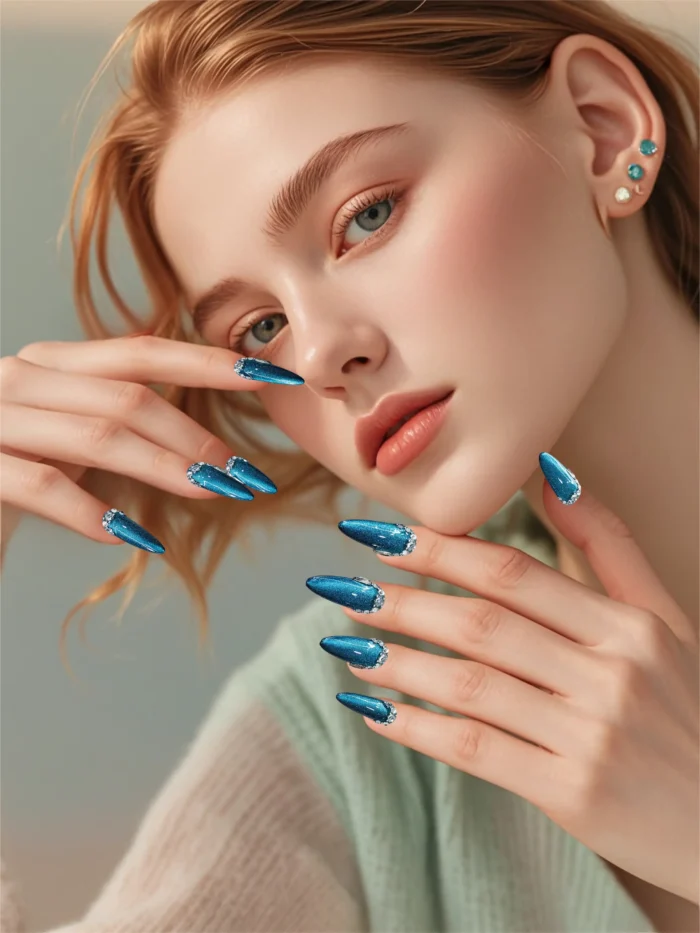 Clivia Blue Starry Sky with Rhinestones Press-On Nails - Image 9