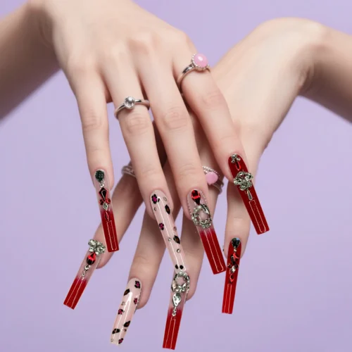 Clivia Red & Pink Press-On Nails – Leopard Print with Diamond Glint
