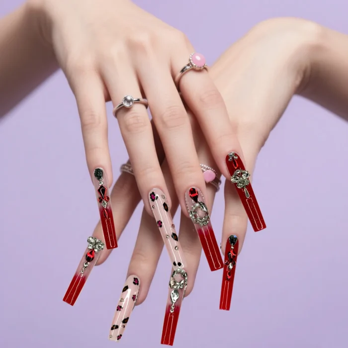 Clivia Red & Pink Press-On Nails – Leopard Print with Diamond Glint