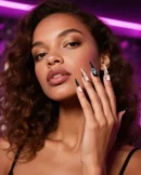 Clivia Press-On Nails – Black, Pink & Blue Butterfly Line Design