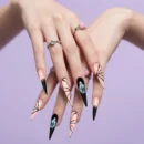 Clivia Press-On Nails – Black, Pink & Blue Butterfly Line Design