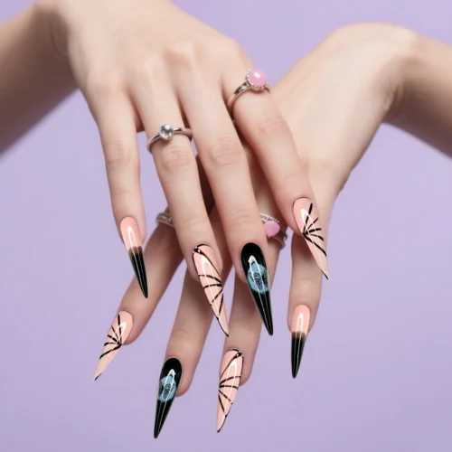 Clivia Press-On Nails – Black, Pink & Blue Butterfly Line Design