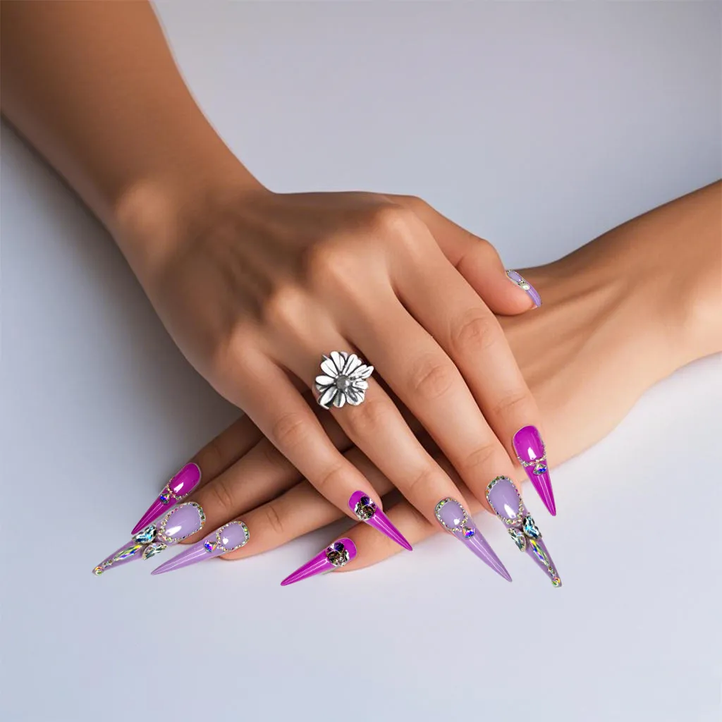 Clivia Purple Press-On Nails – Pearl & Diamond Glint Design