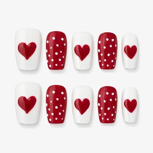 Red & White Love Clivia Press-On Nails – Handcrafted & Reusable