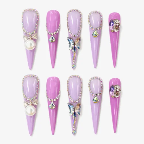 Purple Press-On Nails_Pearl & Diamond Glint Design_Clivia
