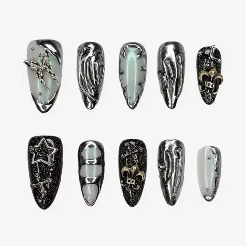Clivia Black & Silver Press-On Nails – Butterfly & Diamond Glin