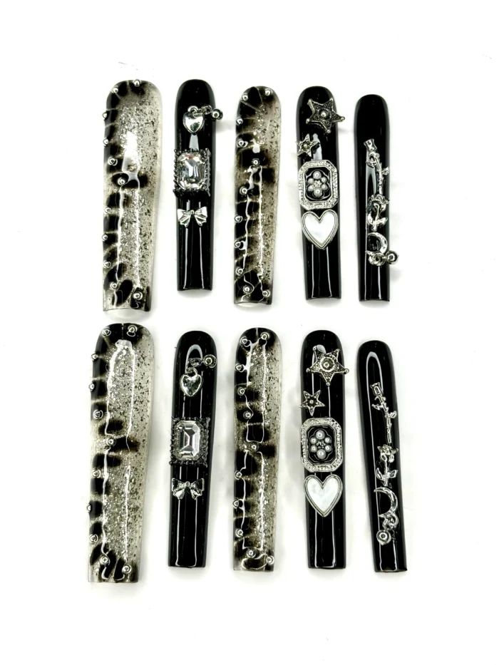 Clivia Black & Silver Press-On Nails – Diamond Glint with Bowknot Design - Image 3