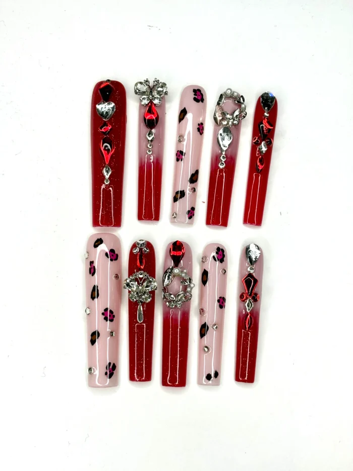 Clivia Red & Pink Press-On Nails – Leopard Print with Diamond Glint - Image 3