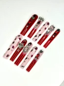 Clivia Red & Pink Press-On Nails – Leopard Print with Diamond Glint