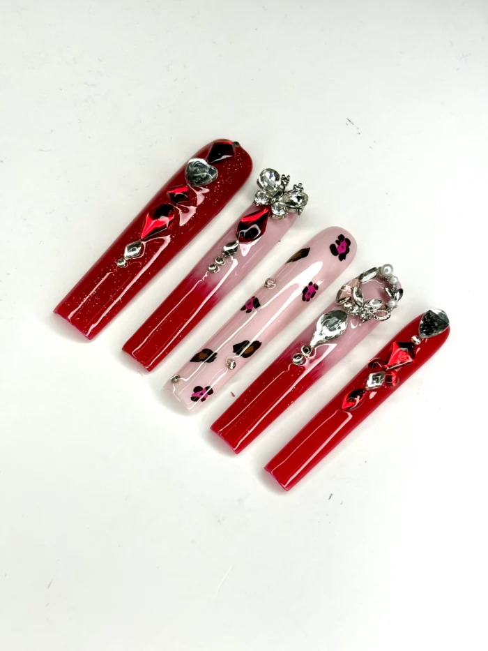 Clivia Red & Pink Press-On Nails – Leopard Print with Diamond Glint - Image 4