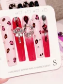 Clivia Red & Pink Press-On Nails – Leopard Print with Diamond Glint