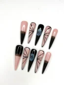 Clivia Press-On Nails – Black, Pink & Blue Butterfly Line Design