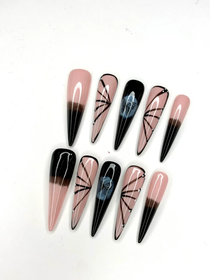 Clivia Press-On Nails – Black, Pink & Blue Butterfly Line Design - Image 3