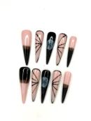Clivia Press-On Nails – Black, Pink & Blue Butterfly Line Design
