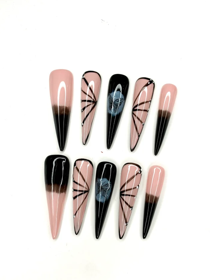 Clivia Press-On Nails – Black, Pink & Blue Butterfly Line Design - Image 6