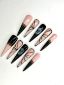 Clivia Press-On Nails – Black, Pink & Blue Butterfly Line Design