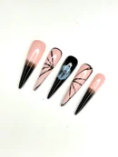 Clivia Press-On Nails – Black, Pink & Blue Butterfly Line Design