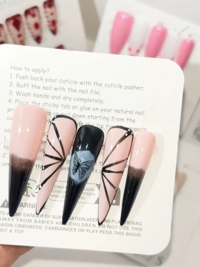 Clivia Press-On Nails – Black, Pink & Blue Butterfly Line Design - Image 4