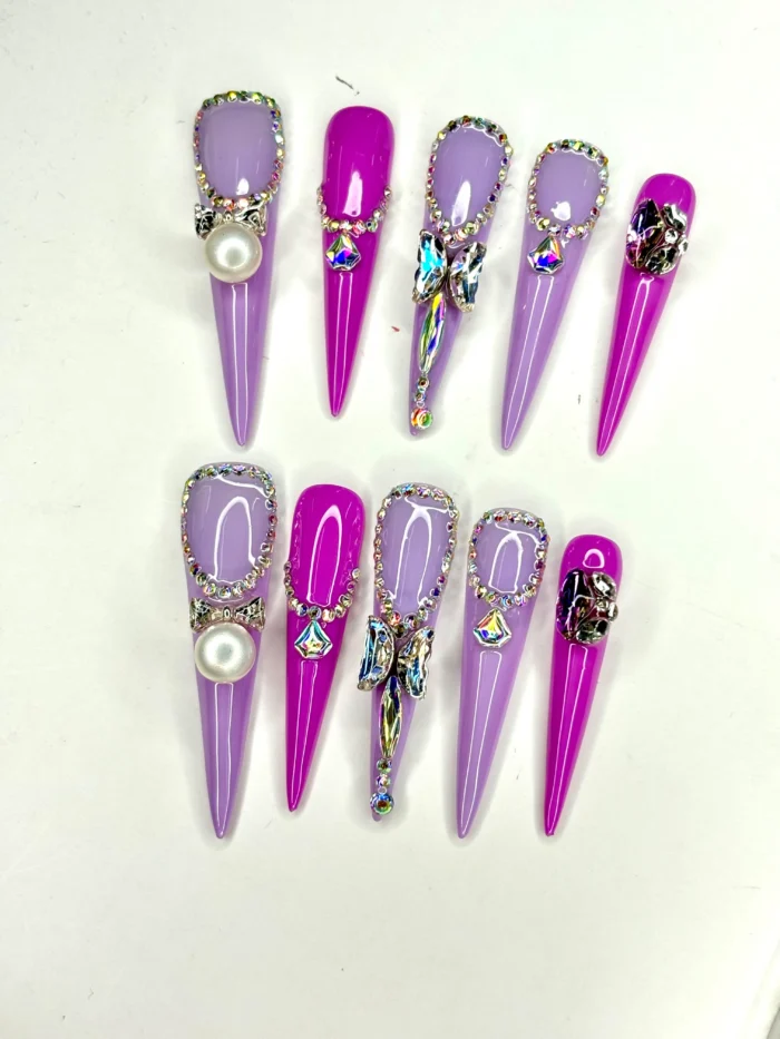 Clivia Purple Press-On Nails – Pearl & Diamond Glint Design - Image 4