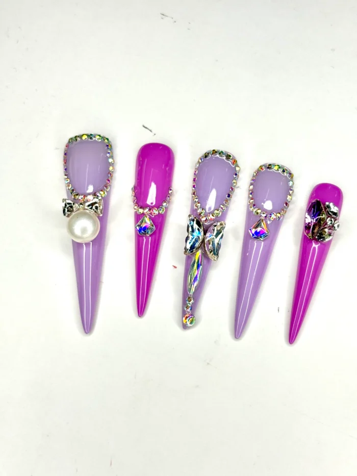 Clivia Purple Press-On Nails – Pearl & Diamond Glint Design - Image 2