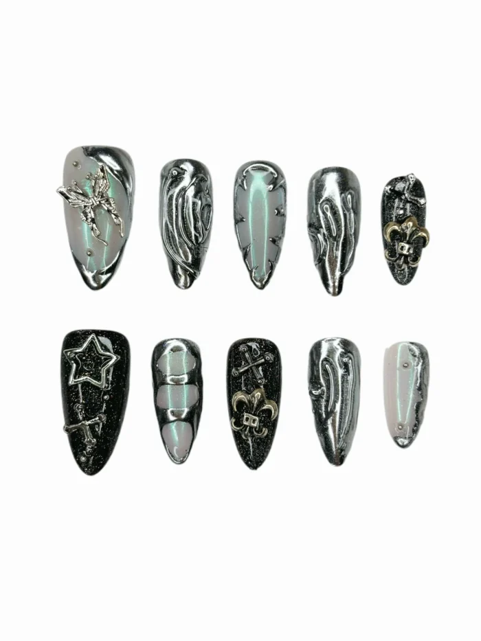 Clivia Black & Silver Press-On Nails – Butterfly & Diamond Glint Design - Image 2