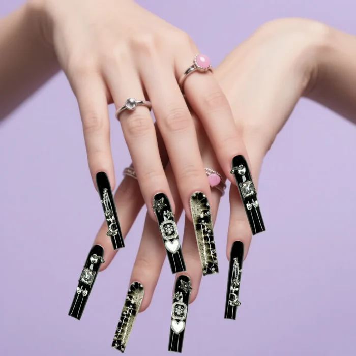 Clivia Black & Silver Press-On Nails – Diamond Glint with Bowknot Design