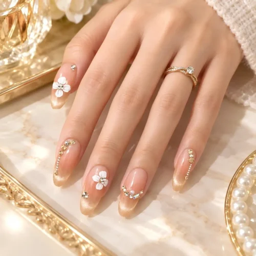 Pink Floral Clivia Press-On Nails with Diamonds_clivia